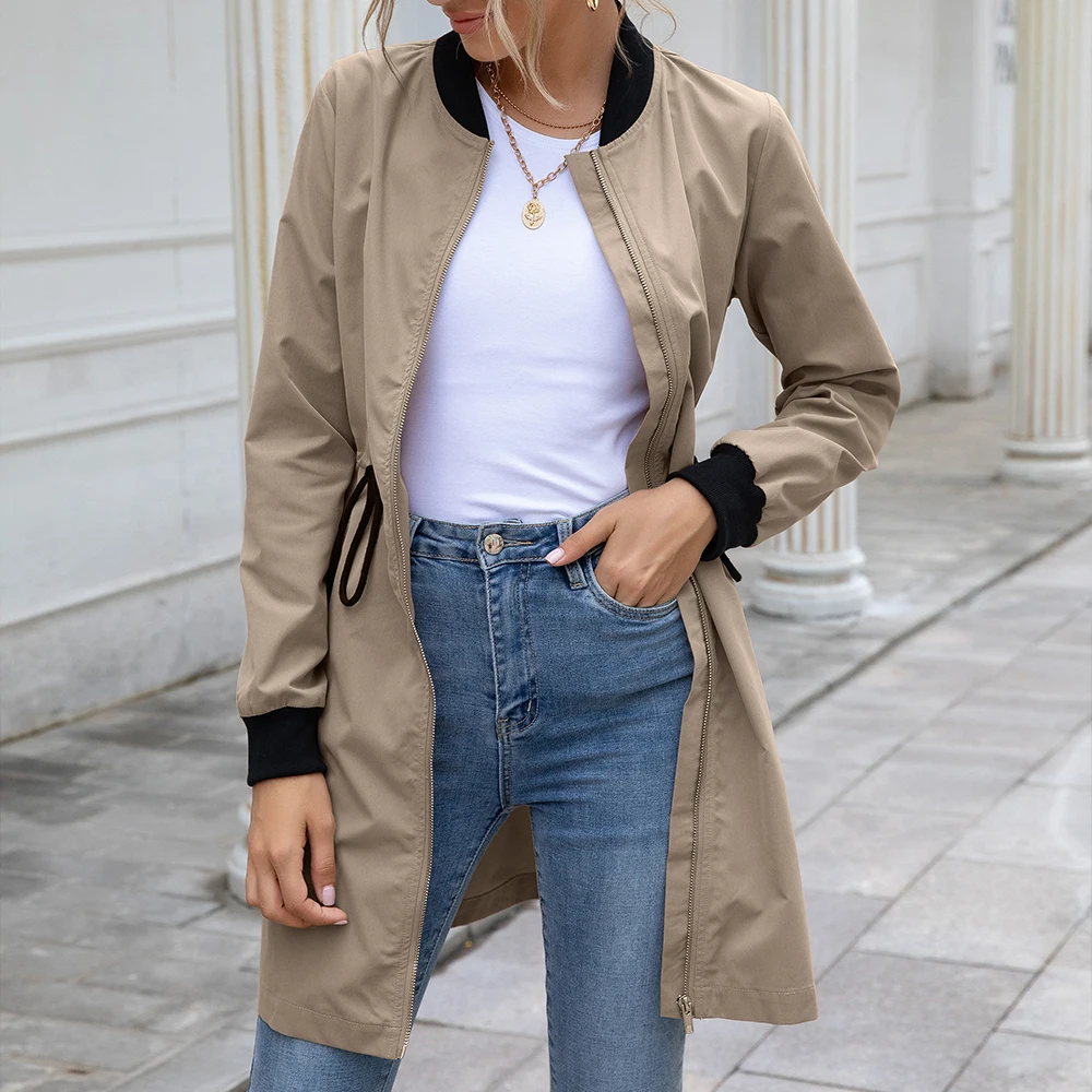 Women Outdoor Dust Coat Streetwear Slant Pocket Drawstring Waterproof Mid-length Trench Autumn Long Sleeve Stand Collar Cardigan