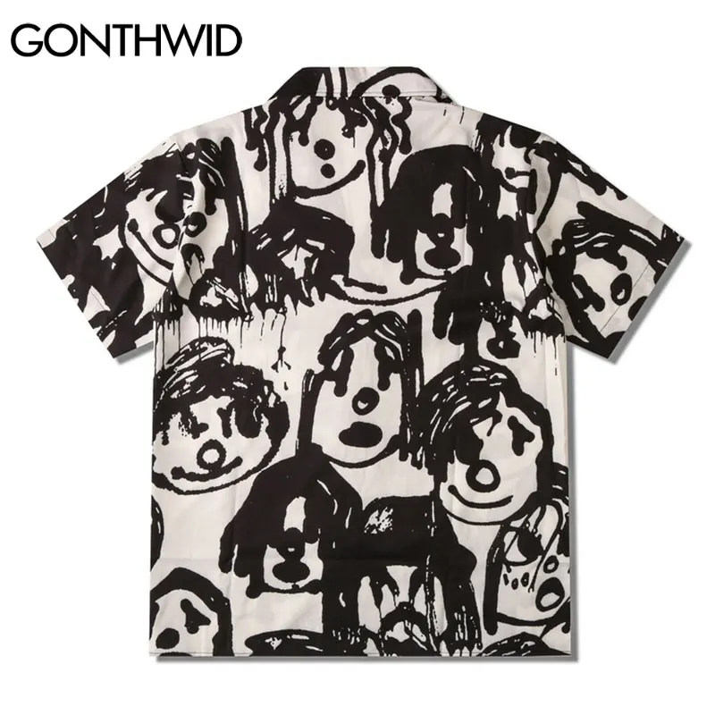 GONTHWID Hawaiian Beach Shirts Harajuku Graffiti Cartoon Print Shirt Streetwear Hip Hop Summer Casual Aloha Fashion Button Tops