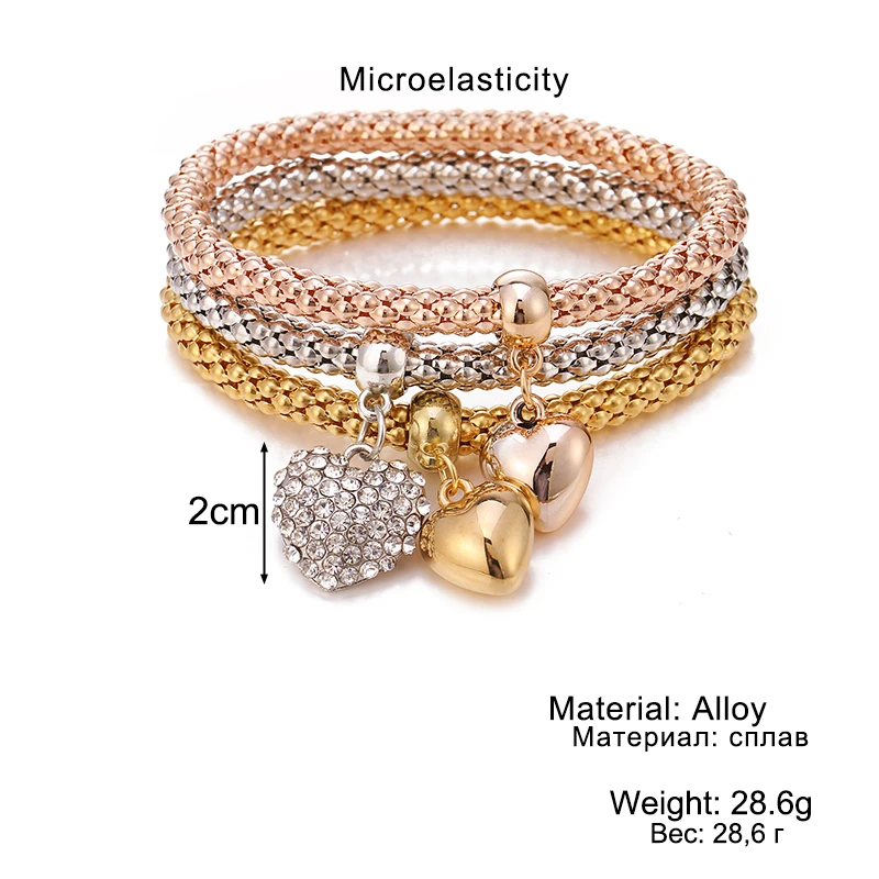 KISS WIFE 3 Pcs/Set Crystal Butterfly Charm Bracelets & Bangles Golden Alloy Insect Heart Pendants Rhinestone Bracelet For Women