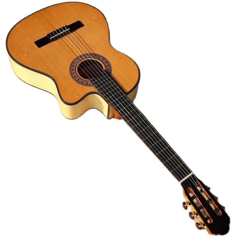 Guitarra clásica trasera y lateral de arce flameado, 39 pulgadas, color natural, 6 cuerdas, guitarra clásica de alto brillo, diseño cutaway