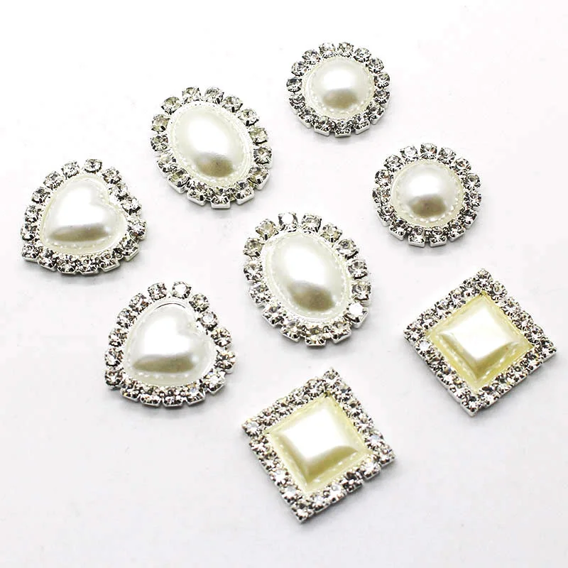 LKERAN NEW 10Pcs Ivory/ White Faux Pearl Metal Button Flat back Rhinestone Floral Center Scrapbooking Diy intimate Accessories