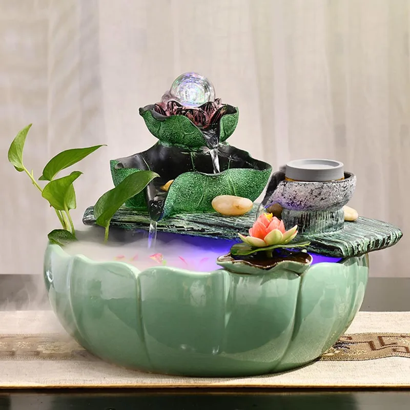 220V Ceramic Fish Tank Indoor Water Fountain Lucky Feng Shui Home Decor Tabletop Fountain Rockery Waterfall Ornaments Gift Craft