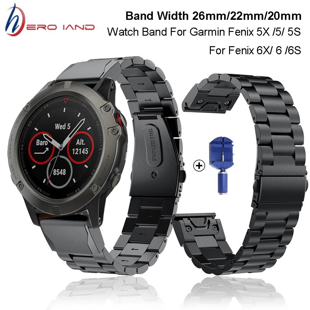 

26 22 20mm Strap for Garmin Fenix 6X 6S 6 5X 5 5s 3HR S60 D2 Smart watch Quick Release Easy Fit Stainless steel Watch Wrist band