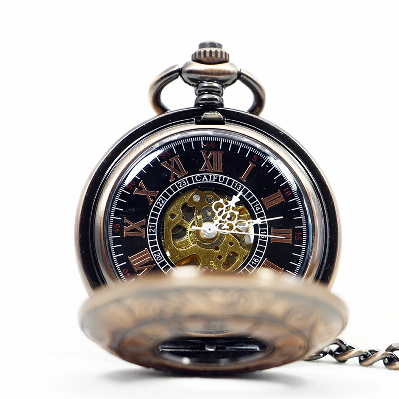 Antique Three Color Hollow Roman Numerals Mechanical Pocket Watch Retro Steampunk Manual Winding Fob Chain Men's Watch