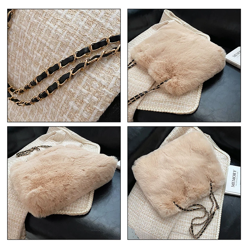 Fluffy Bags Chain Solid Furry Luxury Designer Handbag Soft Fur Shoulder Bags Korean Fashion Plush Tote Bags For Women 2021 New