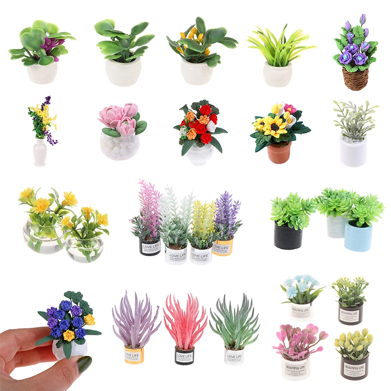 Fleur Miniature en Pot pour maison de poupée 1:12, plante verte en Pot, meubles de maison de poupée, décoration de maison, Simulation de plantes en Pot, jouet pour enfants