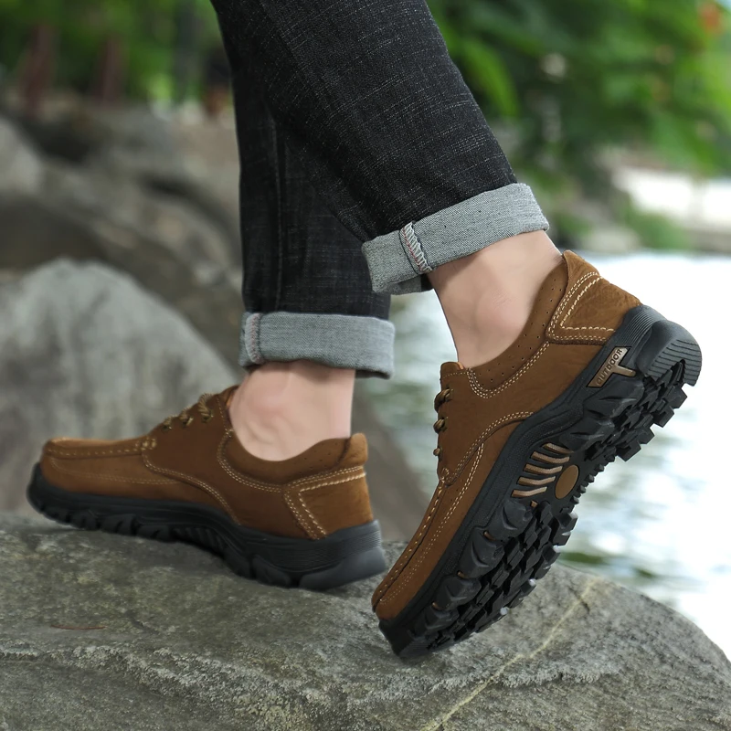 Men Casual Shoes Sneakers Outdoor Men Flat Shoes Non-slip Platform Men Genuine Leather Shoes Band Comfortable Hiking Shoes