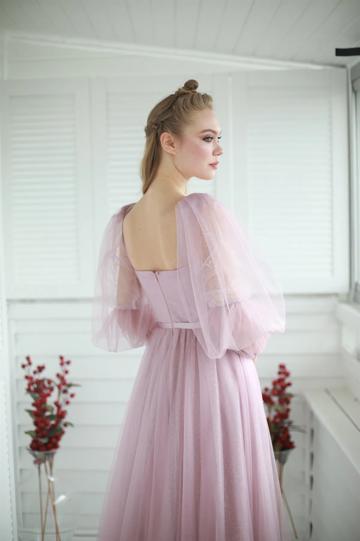 Eeqasn Blush Pink Glitter Tulle Beach Evening Party Dresses Lace Full Sleeves Prom Gowns Formal Women Event GownsCelebrity Dress