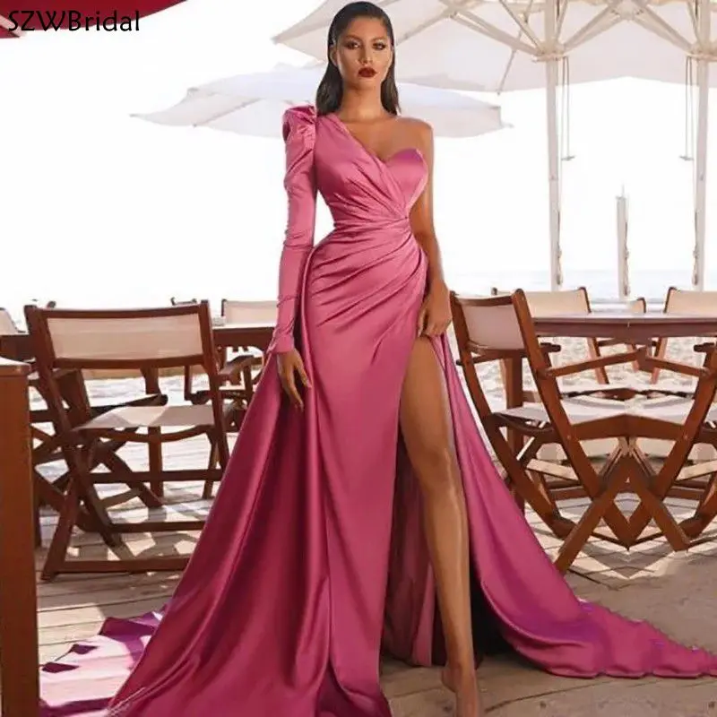 

Vestido African Evening Dresses for women One Long Sleeves Mermaid Arabic Prom Gown Satin Pink Party Dress suknie wieczorowe