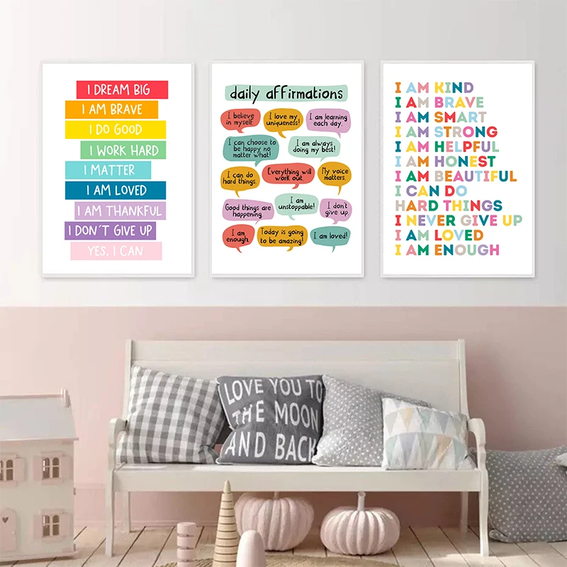 Kid Affirmations Encourage Quotes Prints Mental Health Poster Encouragement Mantras Wall Art Canvas Painting Kids Room Decor