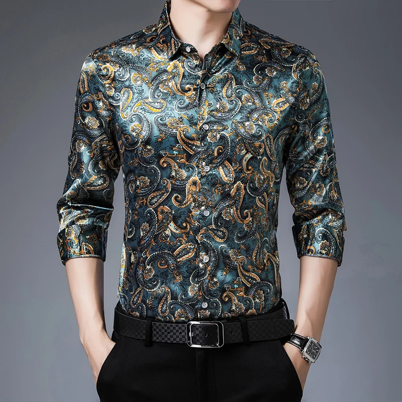 

Unusual Luxury Vintage Mens Clothing Silk Shirt For Mens Satin Green Blouse With Cashew Flowers Retro Baroque Blouses Large Size