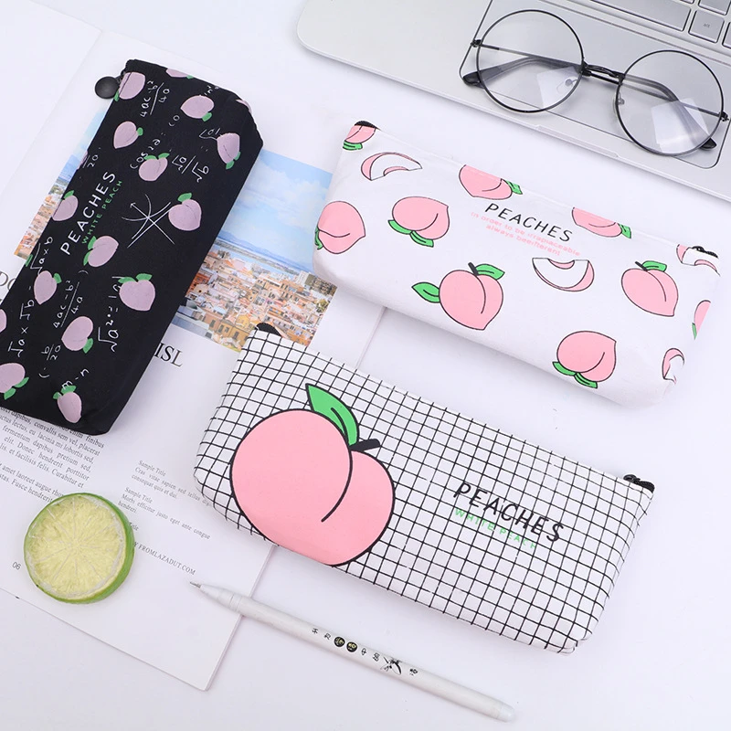 Ellen Brook 1 PCS Kawaii Peach Pen Pencil Case Bag Canvas School Stationary Receive Black Tools Makeup Pouch Cosmetics Case