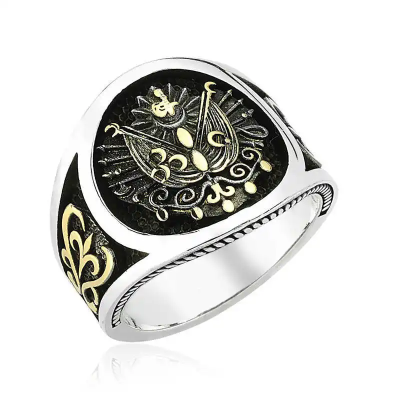 Silver Ottoman Empire Coat of Arms Men's Ring - 925 Sterling Men's Jewelry Wedding Birthday Gift - Box - Men - Fashion - Botiva - Size - Turkish - Patterned Embroidery