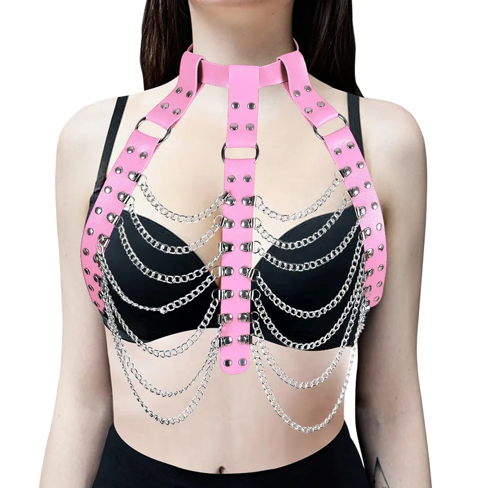 

Chest Harness For Women Goth Leather Sexy Body Bralette Cage Rivet Chain Accessories Pole Dance Rave Outfit Sword Belt Garters