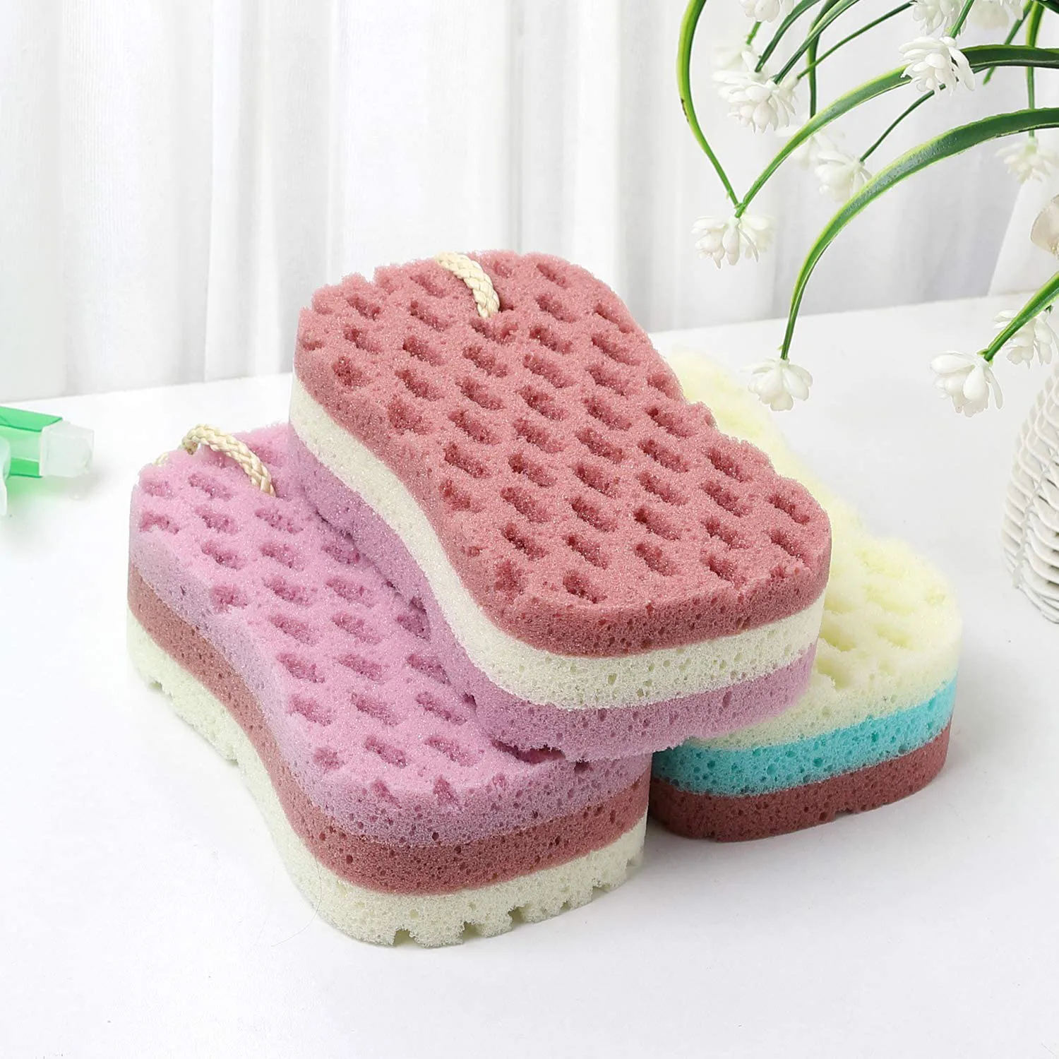 3 Pcs Bath Sponge  Loofah Body Scrubber Shower Sponge for Body Wash Bathroom, 3 Colors  Bathing Sponge Bathing Accessories