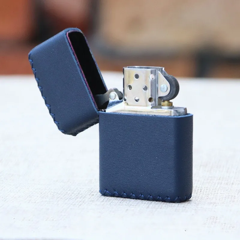 Hand-stitched  Cowhide Leather Durable Protective Sleeve Simple Blue Lighter Holster for Zippo lighter Cover