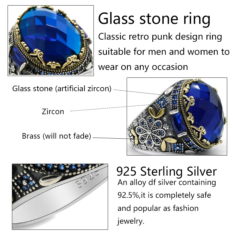 S925 فضة خاتم للرجال ، ريال فضة مجوهرات ، الشرير نمط ، الاصطناعي الأزرق الزركون ، التركية العتيقة ، الذكرى هدية