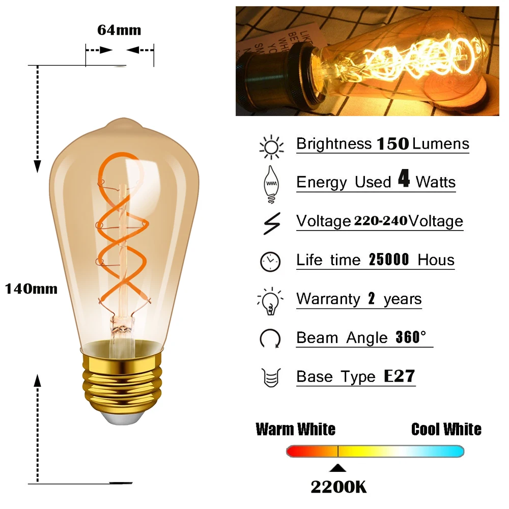 Vintage Edison LED Spiral Filament Light Bulb E27 ST64 4W Amber Warm White Retro Edison Candle Light Bulb 220V Home Decoration
