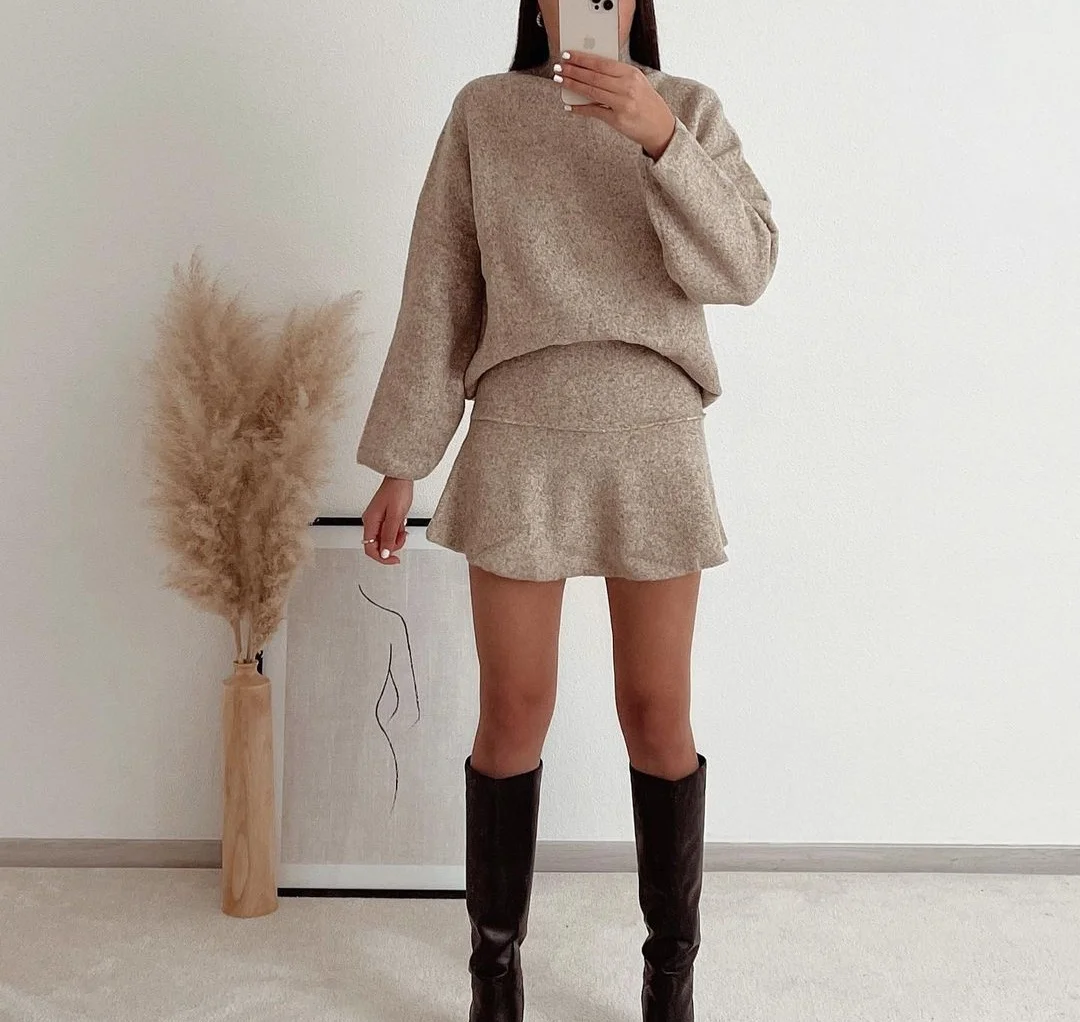 XEASY Autumn Women Vintage Casual Two-Piece Set Khaki Loose Pullover Sweater Female Streetwear Knitted High Waist Mini Skirt Set