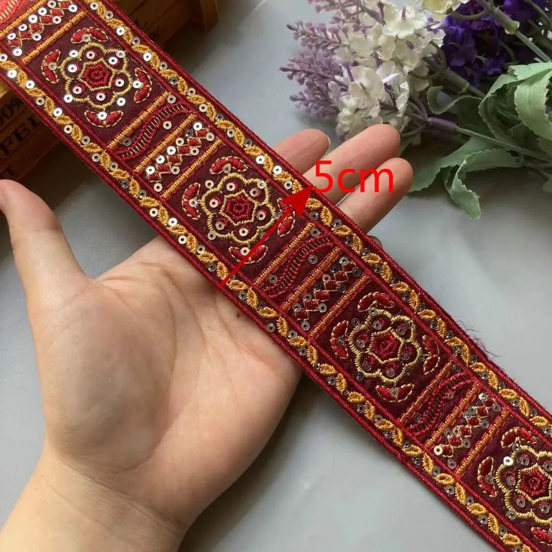 1 Yards Red 50mm Ethnic Gold Thread Sequins Webbing Ribbon Tape Shoes Dress Embroidered Lace Trims DIY Sewing Accessorie