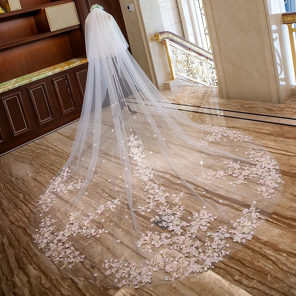 Velo da sposa in pizzo bianco a due strati avorio con fiori rosa cattedrale veli da sposa lunghi con pettine in metallo accessori da sposa sposa