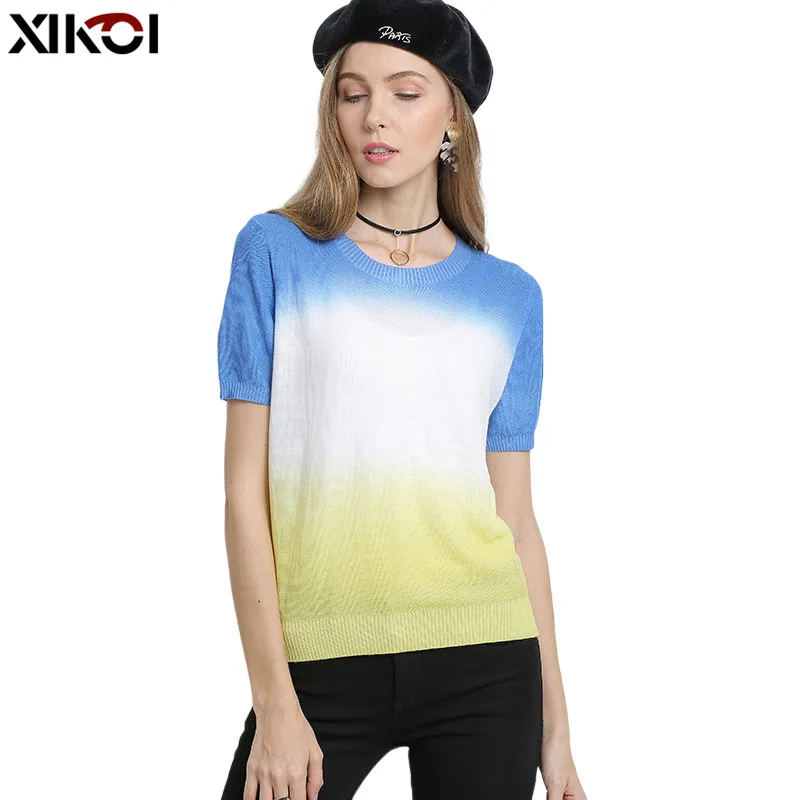 

XIKOI Women Summer Sweater T-Shirts Oversized Tee Short Sleeves O-neck Fashion Colorful Female Knitting Soft Sweater Tops Tee