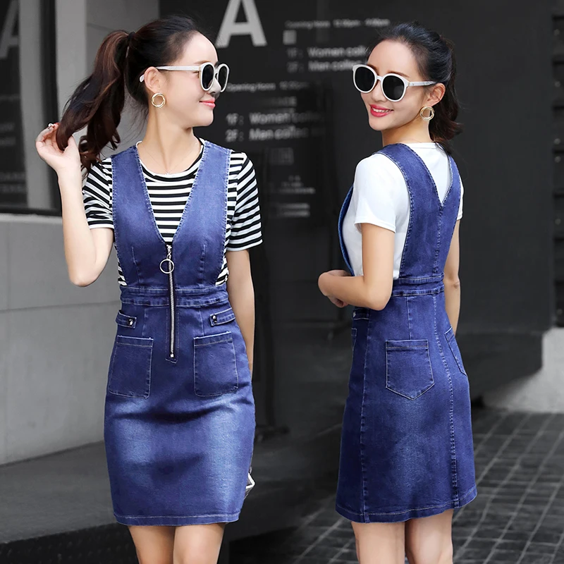 

Women Denim Strap Dresses Sets New Summer T-shirt Tops +Sling Jeans Dress 2 Piece Suit Loose Female A-line Overalls Outfit Y126