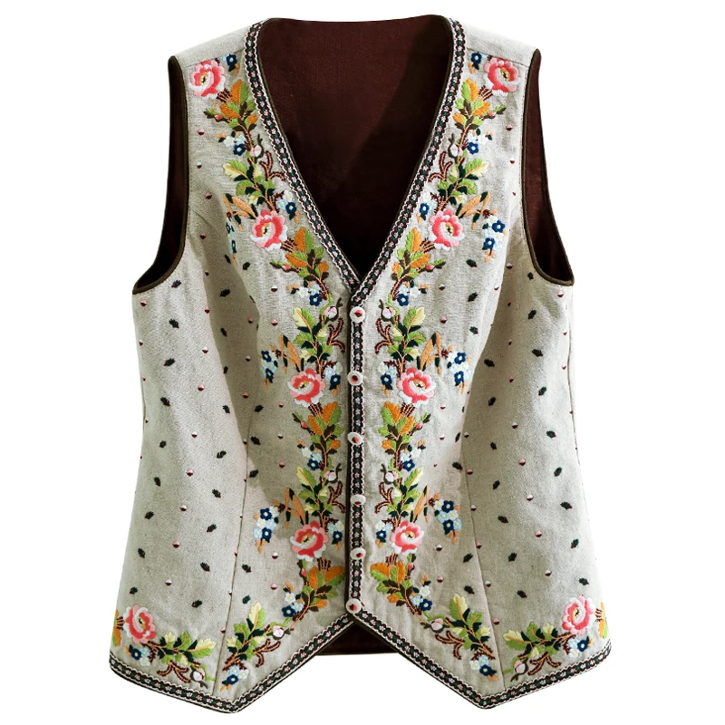 LYNETTE\'S CHINOISERIE Autumn Spring New Original Design Women Royal Vintage Flower Embroidery All-match Reversible Cotton Vest