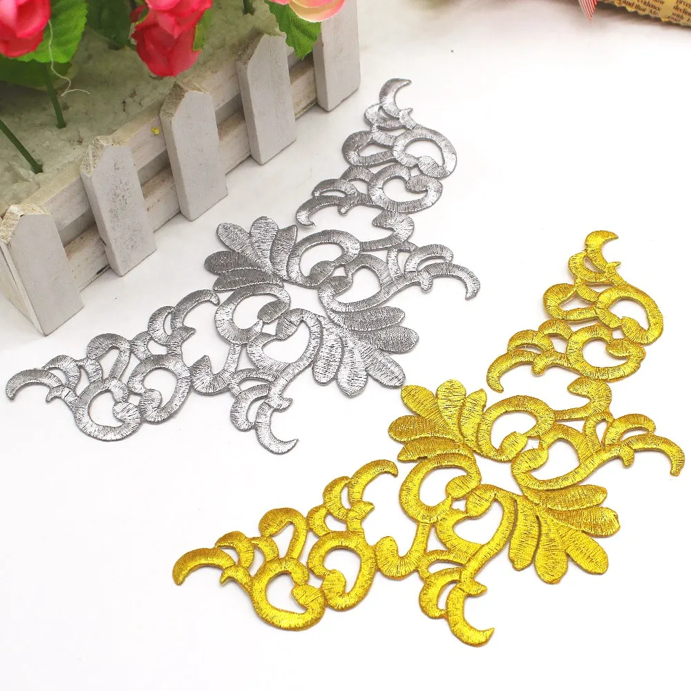 5 sztuk złotych haftowanych naszywek do naprasowania, aplikacje kwiatowe w stylu vintage, ozdobne elementy DIY, błyszczące metaliczne złoto i srebro, 20 cm * 9,5 cm