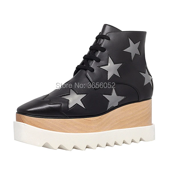 Qianruiti Fashion Square Toe Lace Up Ankle Boots Autumn High Top Stella Platform Shoes Women Stars Leather Black Wedge Boots