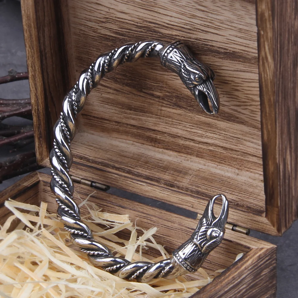 Stainless Steel Nordic Viking Norse Raven Bracelet Men Wristband Cuff Bracelets with viking wooden box