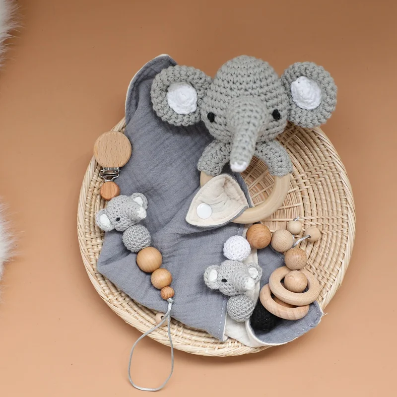 Wholesale Crochet Elephant Series Bib And Baby Rattle Teethers Set Wodden Bracelet & Cotton Bib Pacifier Clips For Kids Toys