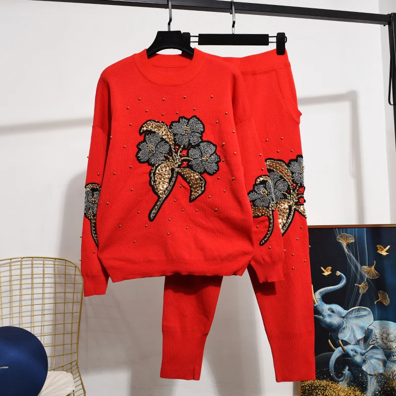 

Red Black Beading Flowers Knitted Tracksuits Set Women Loose Long Sleeve Knit Sweater Pullover Pencil Pants Outfits 2pc Female