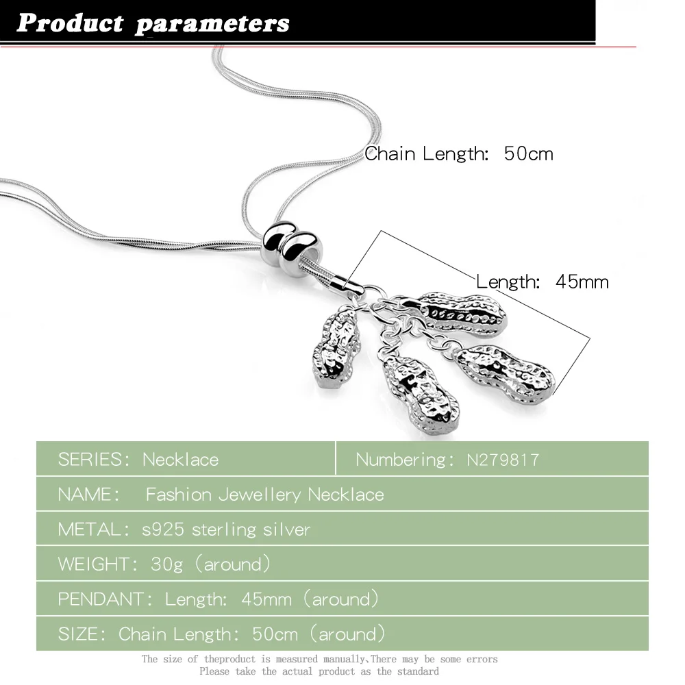 Women's 925 Sterling Silver Necklace-Creative Temperament Ladies Peanut Pendant Necklace-Multilayer Snake Chain Jewelry Gift