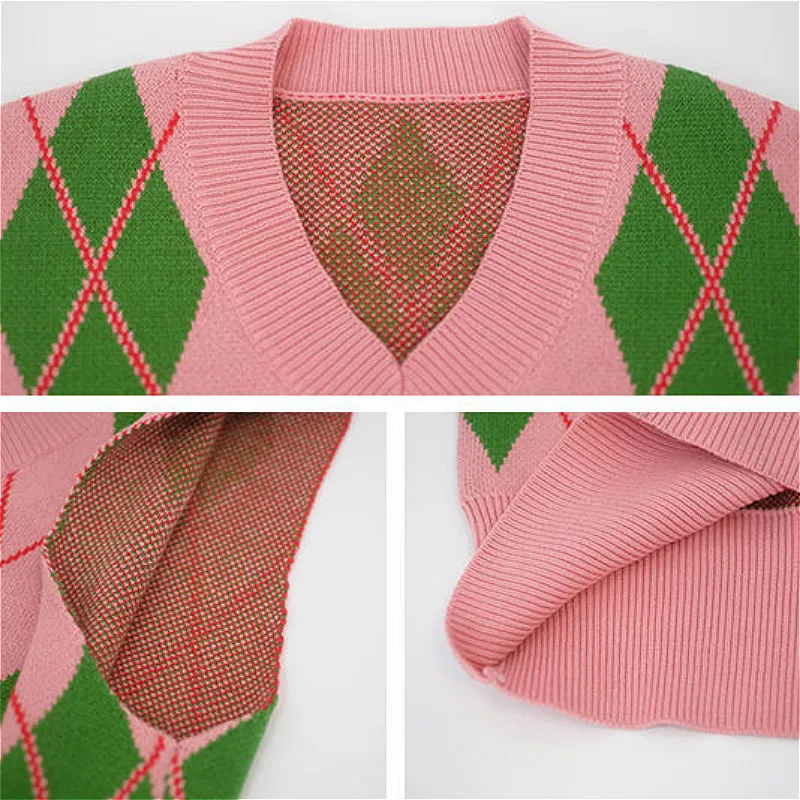 Sweater Vest Women Knitted Rhombus Pink V-Neck Sweaters Vests Womens Harajuku Korean Preppy Style Fashion Casual Chic Sleeveless