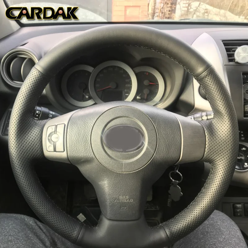 CARDAK Hand-stitched Black Artificial leather Steering Wheel Cover for Toyota Yaris Vios RAV4 2006 2007 2008 2009