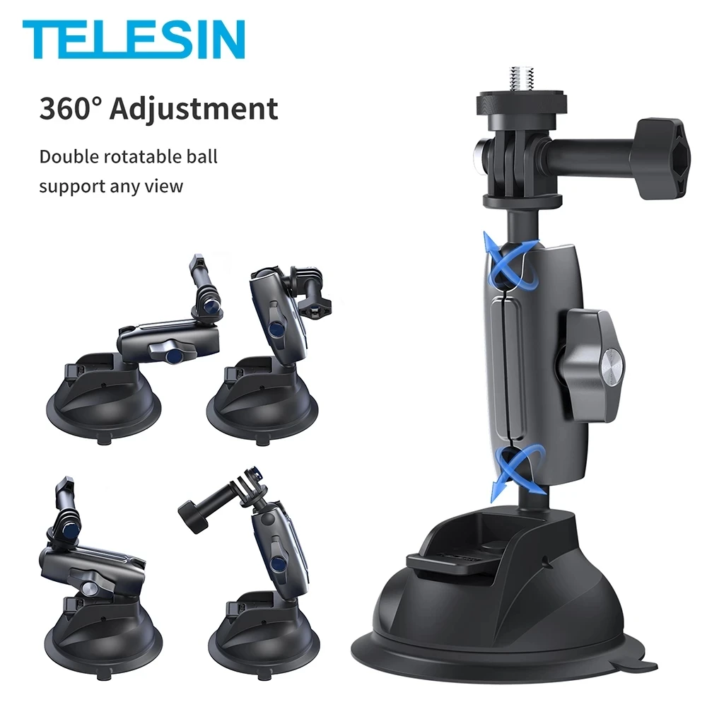 TELESIN Car Suction Cup Phone Holder 360° Adjustable Universal 1/4 Adapter For GoPro 11 12 13 Insta360 DJI Action 4 iPhone 15 16