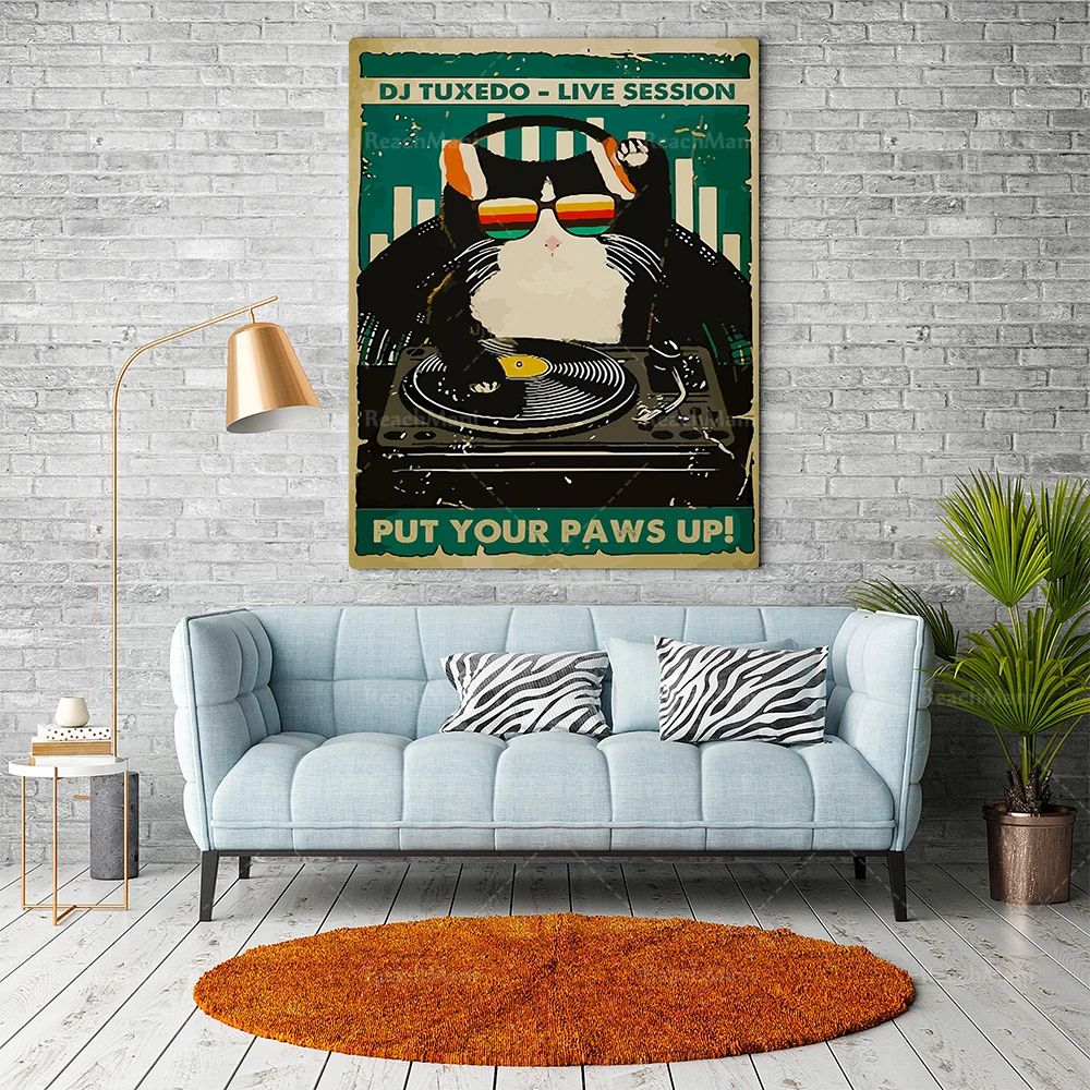 DJ Tuxedo-Live Session Raise your paws up poster, black cat lover, cat art prints, DJ posters, music prints, retro posters, home