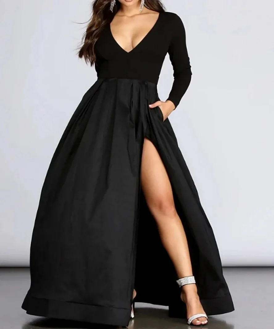 Black Top Velvet Long Evening Formal Dress 2021 V Neck Sleeves Split Prom Party Gown Plus Size Robe De Soiree Vestidos