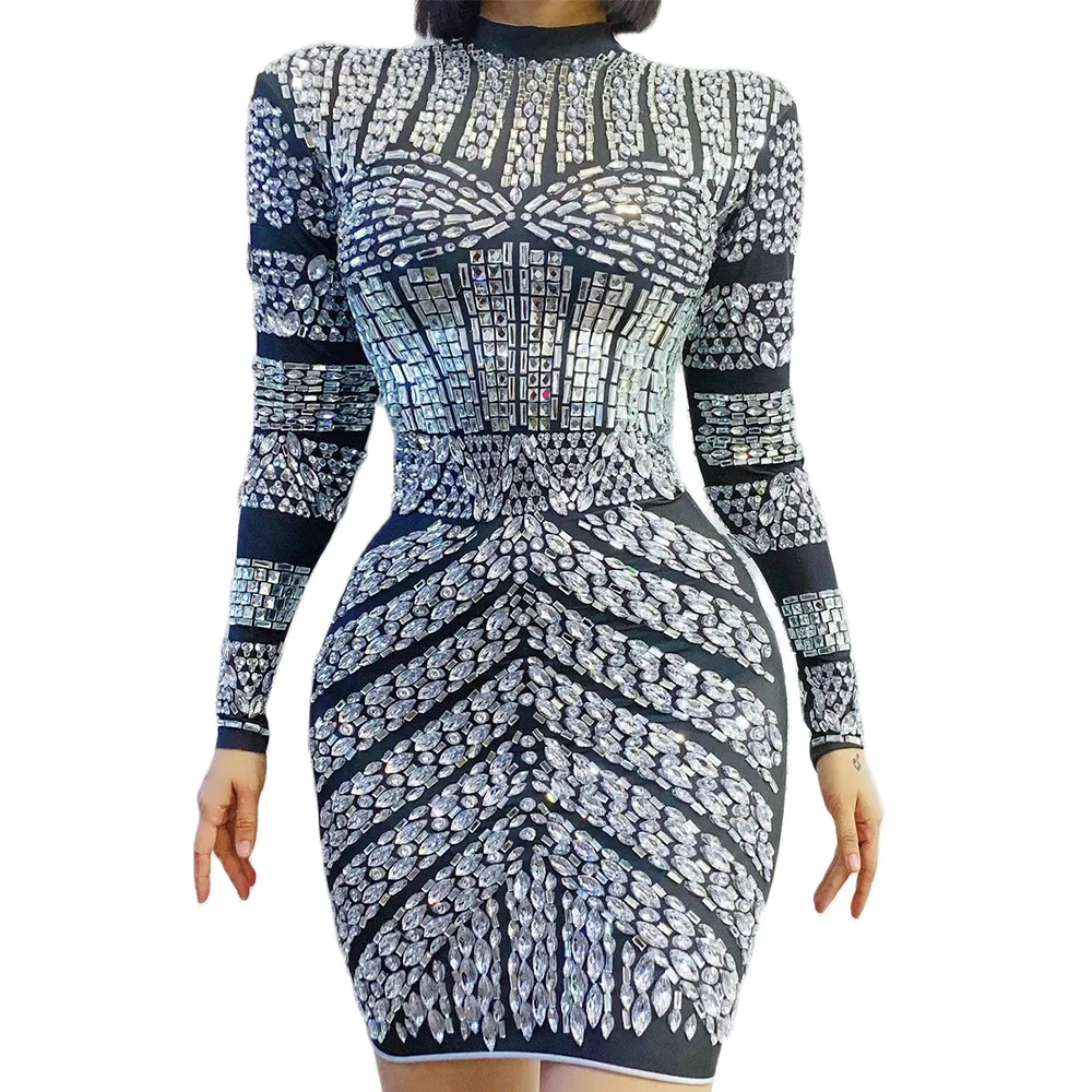 Mulheres brilhando strass manga longa vestidos curtos magro elástico elegante roupa de baile de noite