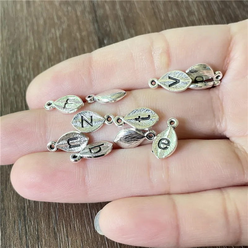 

6*12mm Alloy Leaf Shape Lowercase 26 Letter Small Pendant DIY Beaded Bracelet Necklace Earrings Jewelry Making Accessories Found