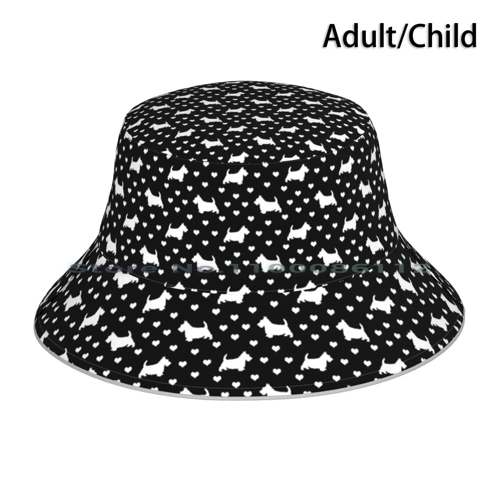 White Scottish Terriers ( Scottie Dogs ) & Hearts On Black Bucket Hat Sun Cap Scottish Terriers Scottie Dogs Hearts Black White