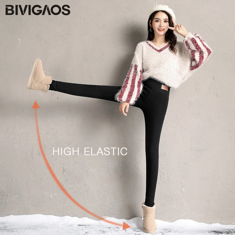 BIVIGAOS – Leggings chauds en cachemire pour femme, pantalon d\'hiver en velours épais, taille haute, étiquette à la mode, noir