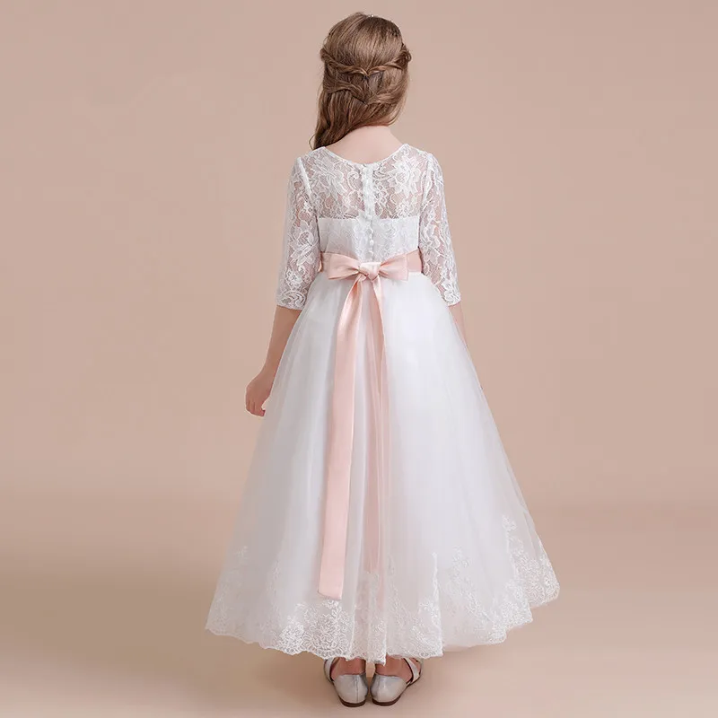 Dideyttawl White Lace Tulle Flower Girl Dress Long Half Sleeve Girls Formal Evening Birthday Party Princess Gown Kids Bow Back