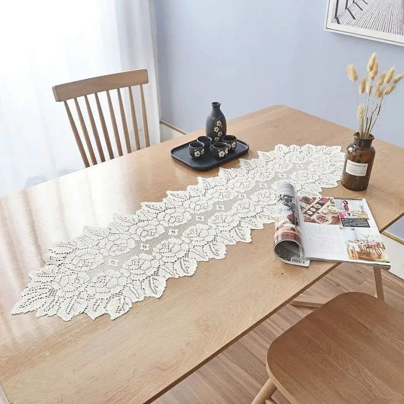 American Pastoral Style Table Runner, Hollowed Out Lace Dining Pad, White Restaurant Table Runner, TV Cabinet Dust Cover Cloth