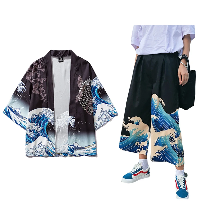 

Unisex Woman Japanese Harajuku Kimono Haori Thin Sunscreen Coat Cardigan Ukiyo Man Wide Leg Pants Leisure Loose Harem Trousers