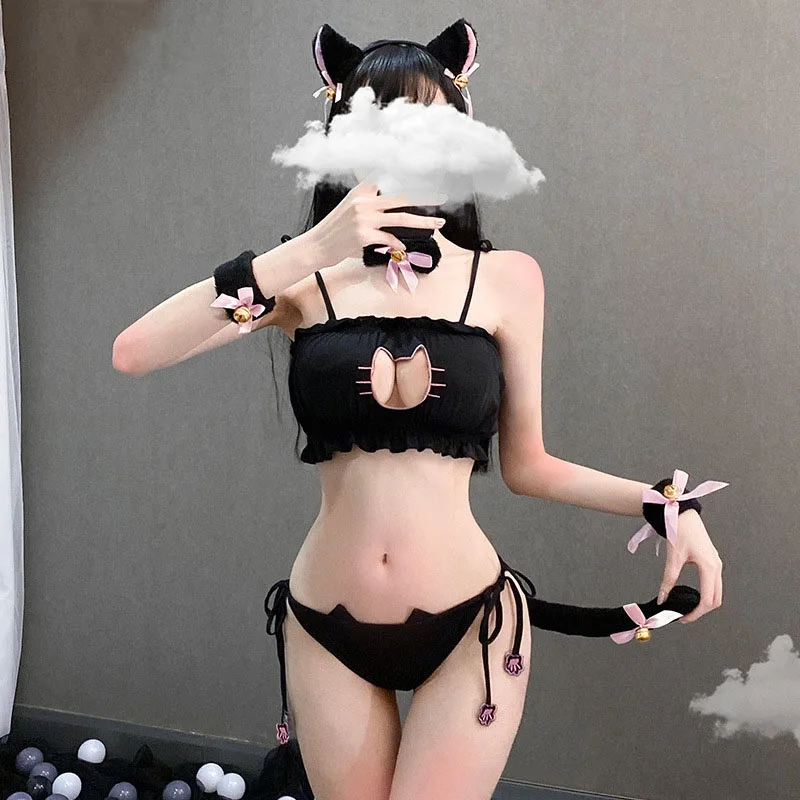 Lovely Anime Cat Girl Cosplay Underwear Cute Lolita Neko Lingerie Set Sexy Embroidery Open Chest Bra Footprints Panty For Women