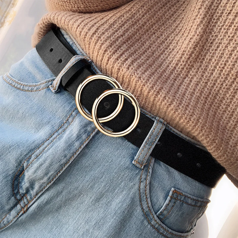 

2020 New Designer's Famous Brand Leatherhigh Quality Belt Fashion Alloy Double Ring Circle Buckle Girl Jeans Dress Wild Belts