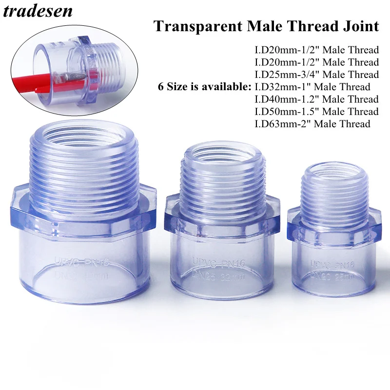 

1Pcs 1/2" To 2" Transparent UPVC Male Thread Straight Connector Garden Home Watering Pipe Adapter Aquarium Fish Tank Fittings