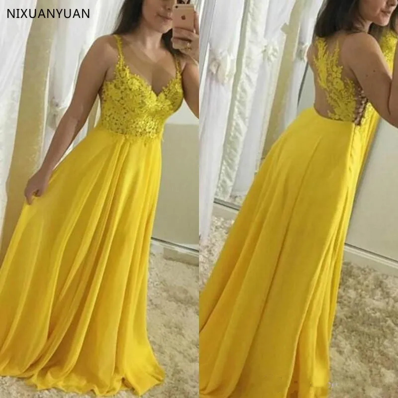 

New Design Yellow Tulle Formal Evening Gowns with Lace Appliques Sheer Jewel Neck Illusion Back Customized Vestidos De Fiesta